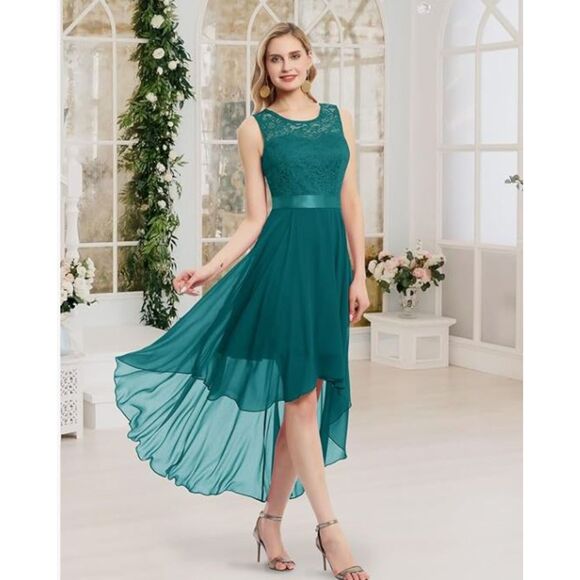 Berylove Hi Lo Lace Top Chiffon Dress Teal Green NO BELT Size M Deep V Back - Picture 1 of 8